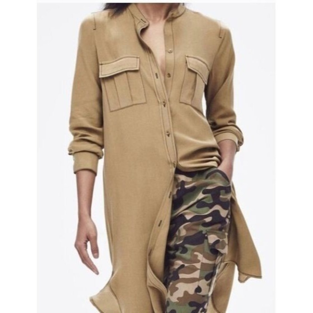 BCBGMAXAZRIA Maddox 100% Silk Shirt Dress Agave Green XXS ZDG65I82 Utility Tunic